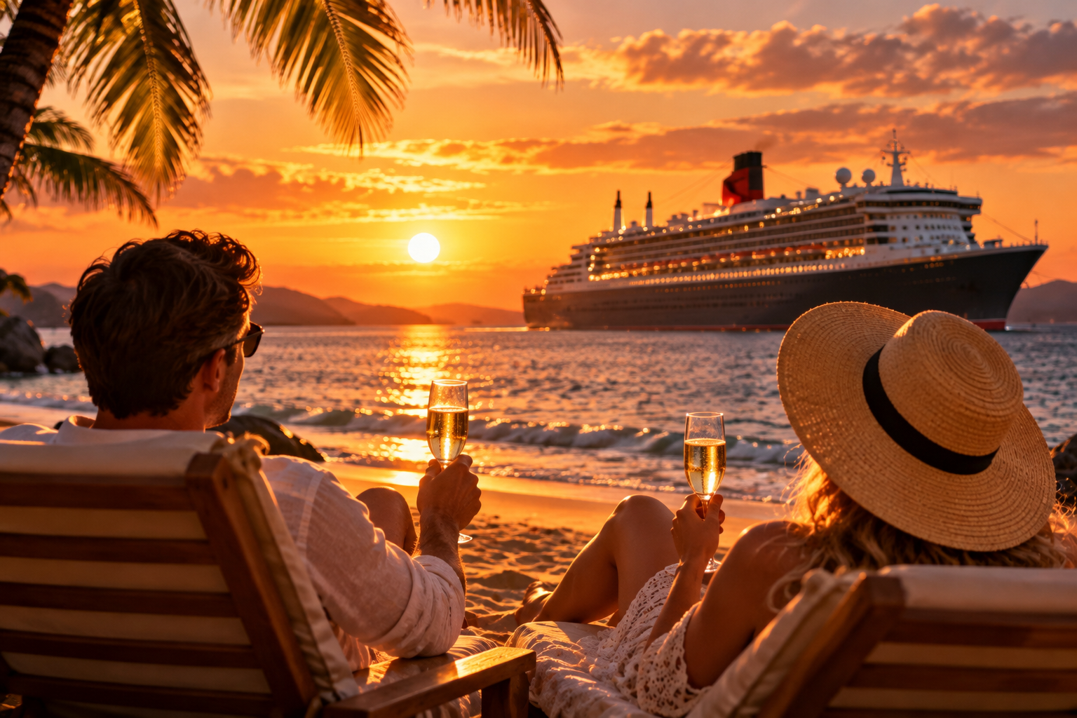 Traumurlaub an einem Strand bei Sonnenuntergang