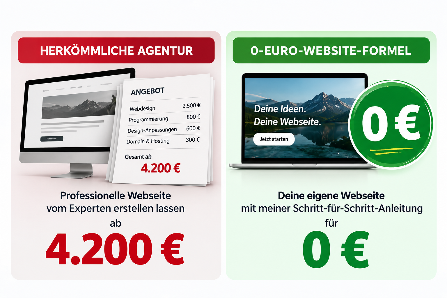 Kostenvergleich: Traditionelle Agentur und 0-Euro-Website-Formel
